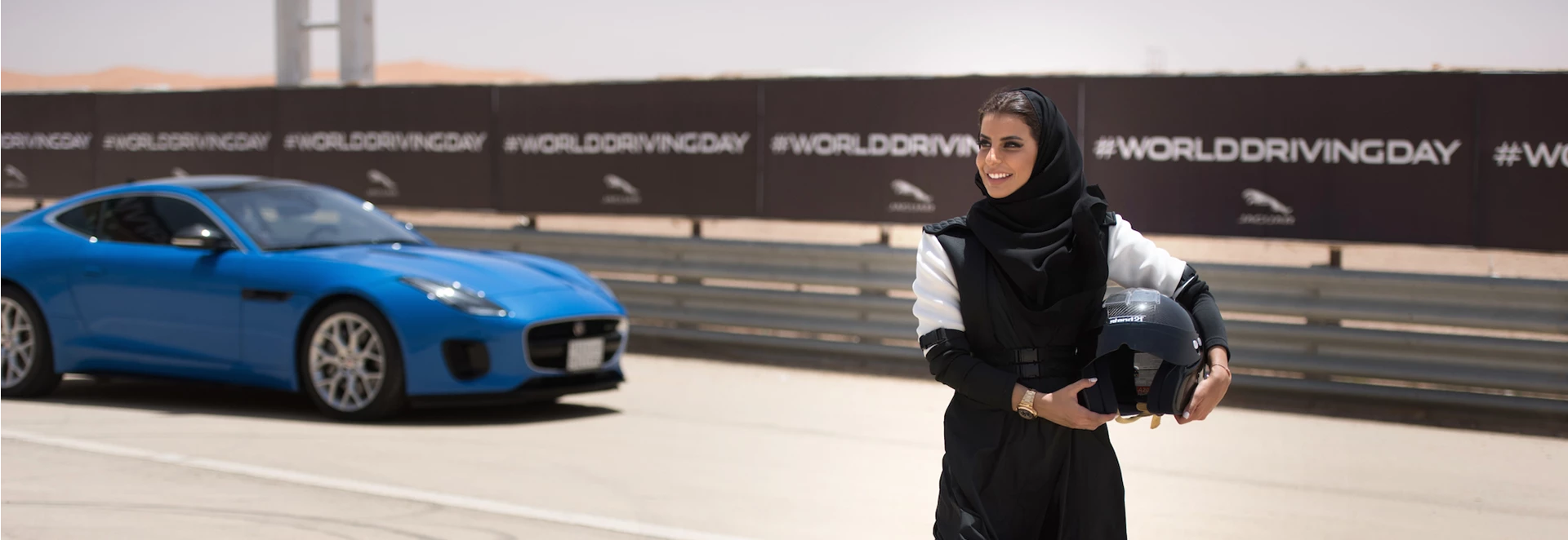 Female Saudi racer takes Jaguar F-Type for historic lap ahead of driving ban lift